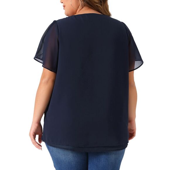 Plus Size Chiffon Blouse Ruffle Sleeve Work Tops Navy Blue - Picture 4 of 5